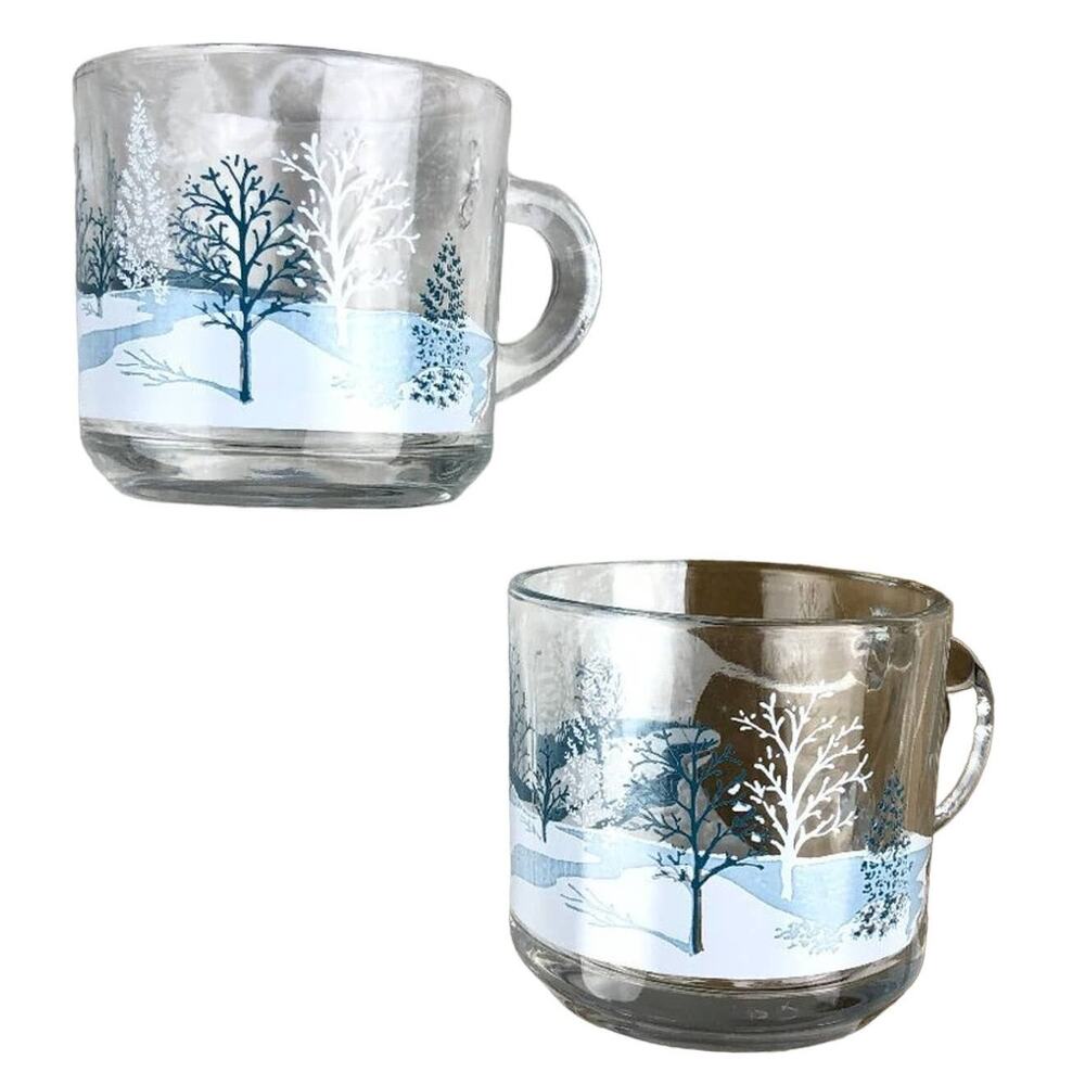 Vintage 1970's Anchor Hocking Blue White Winter Tree Glass Coffee Tea Mugs Cups